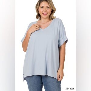 NWT ZENANA PLUS BRUSHED DTY ROLLED SHORT SLEEVE V-NECK TOP